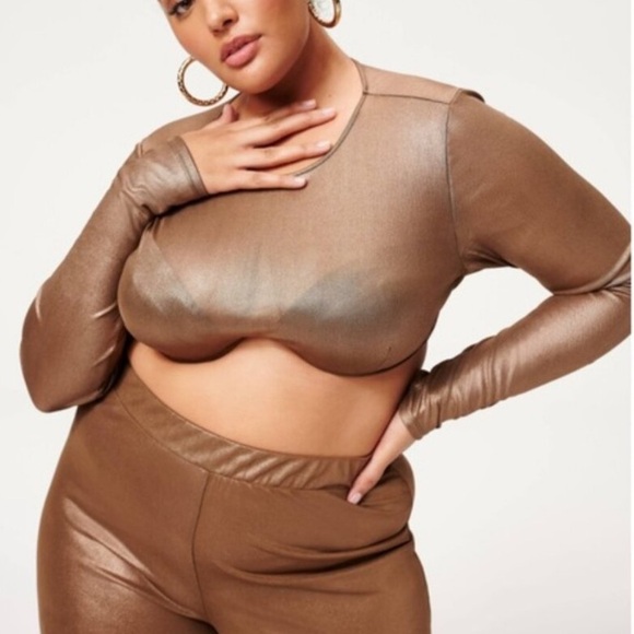 Good American Mesh Foil Underwire Crop Top in Mocha Foil - Picture 1 of 4